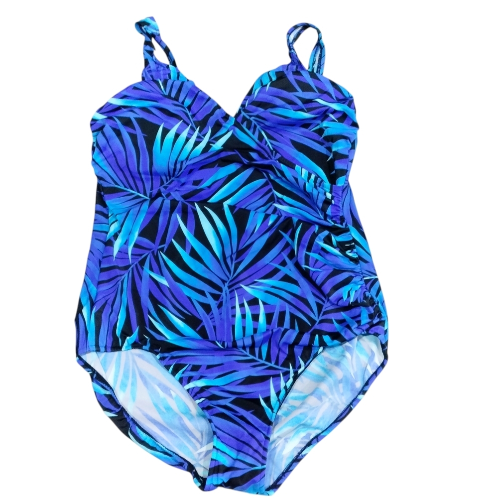 Caribbean Joe Women's Blue and Black Leaf One Piece Swimsuit